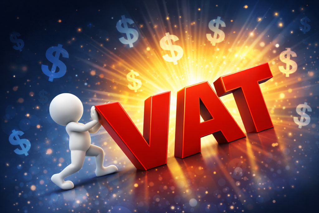 3D illustration representing tax and VAT refund in Korea for foreign visitors, showing large red TAX letters being pushed forward on a clean, modern background