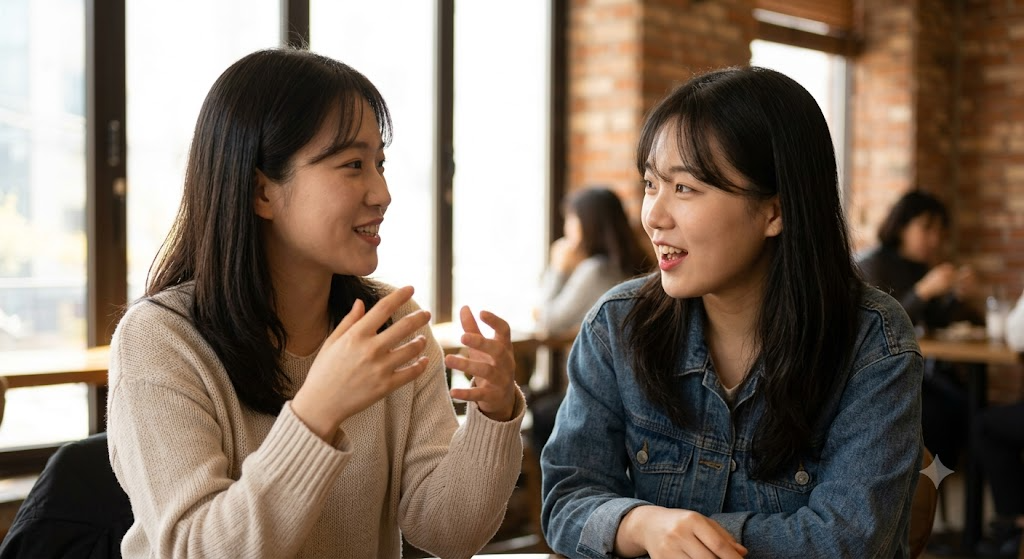 Korean friends reacting with surprise in conversation