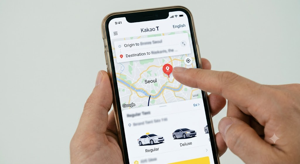 setting a destination on the Kakao Taxi app in English