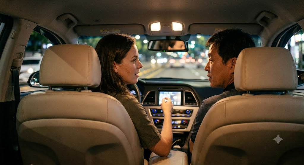 telling a Korean taxi driver where to stop