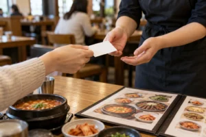 Customer showing an allergy information card to restaurant staff