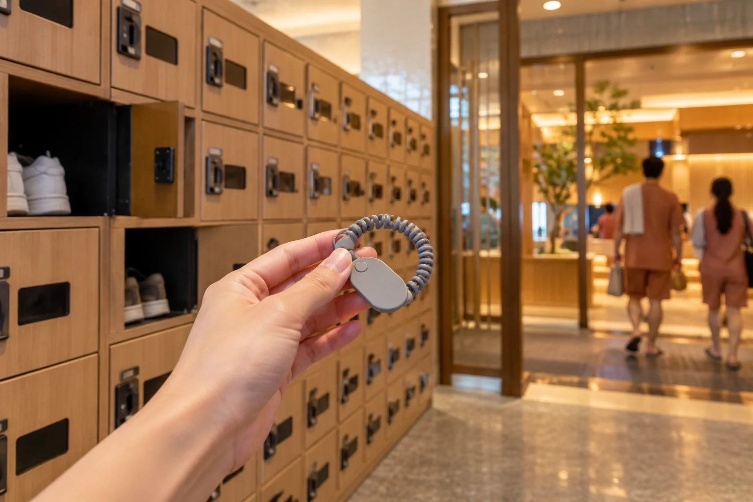 Shoe lockers and a wristband key at a jjimjilbang entrance.