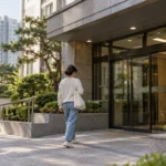 Apartment entrance with a blue address plate in Seoul