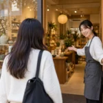 A shop employee greeting a visitor at the entrance.