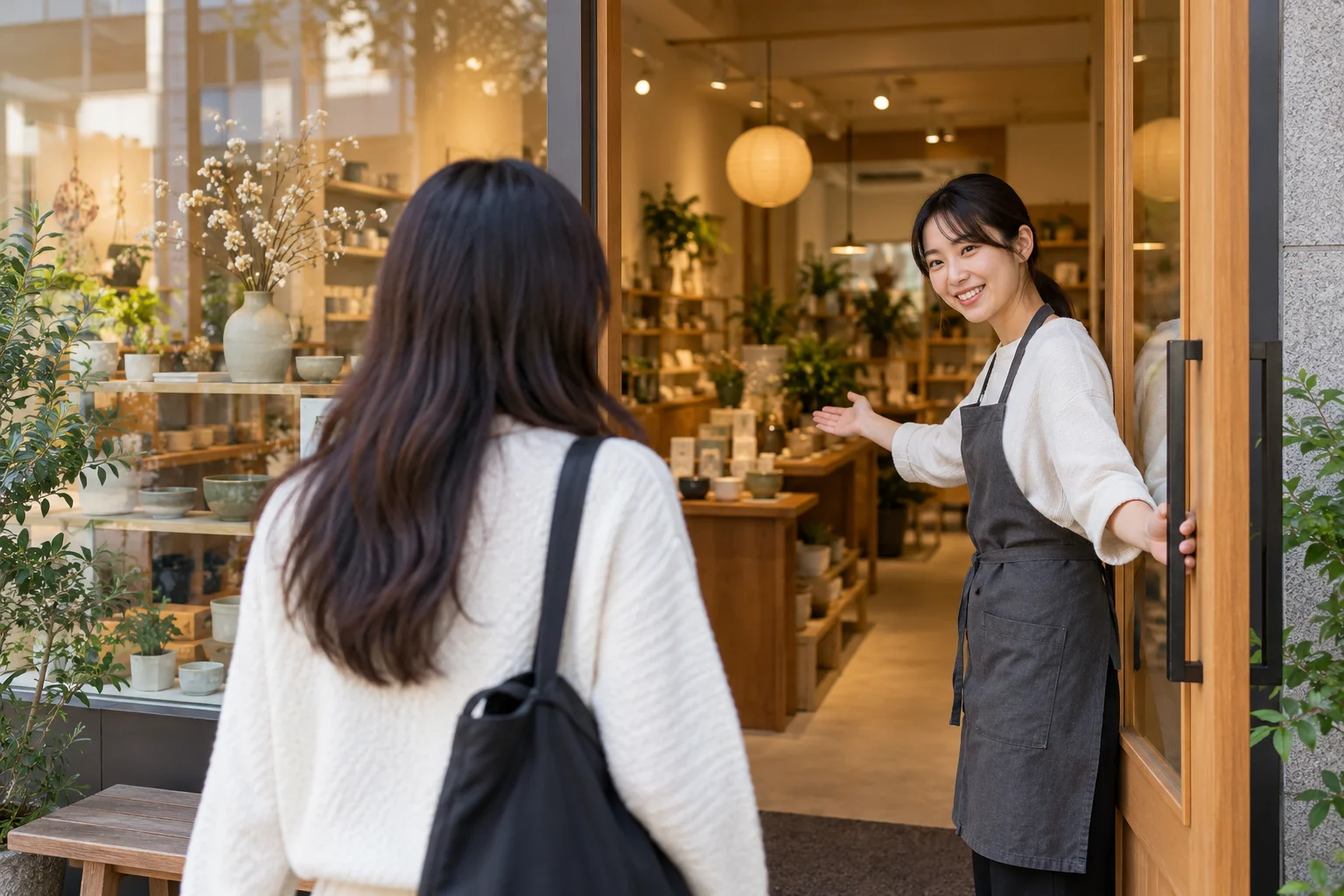 A shop employee greeting a visitor at the entrance.