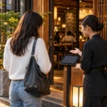 Visitor asking a restaurant host how to join the waitlist in Seoul