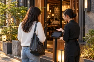 Visitor asking a restaurant host how to join the waitlist in Seoul