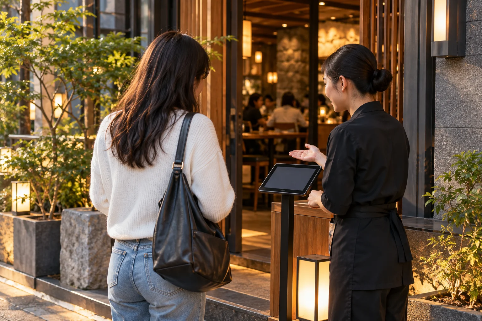 Visitor asking a restaurant host about the queue.
