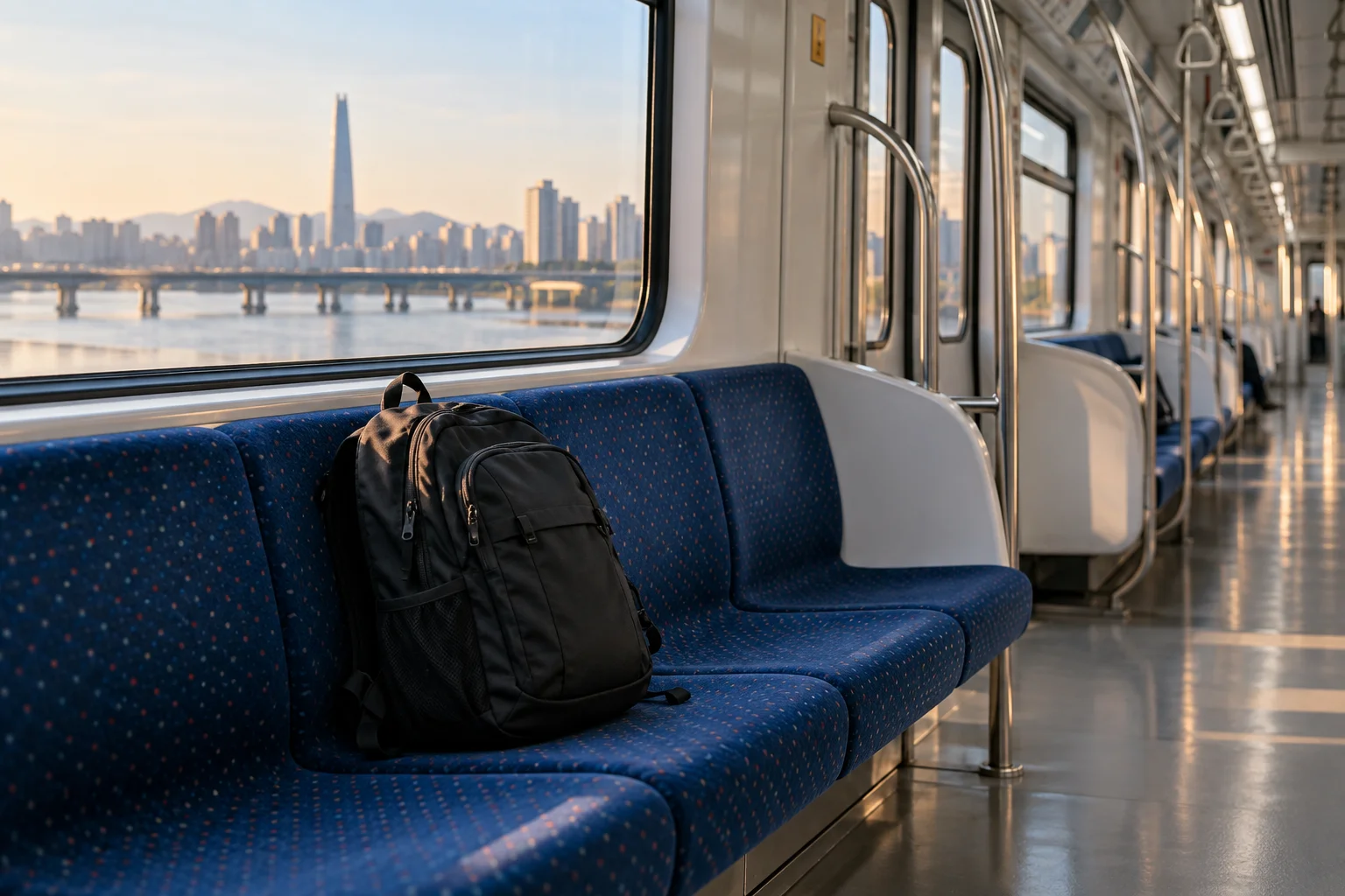 A backpack left on an empty subway seat.