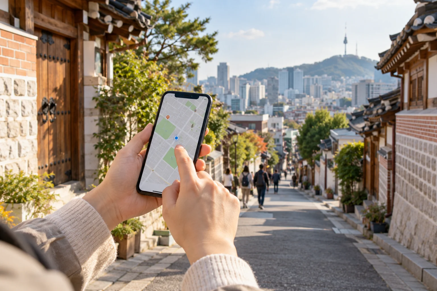 Hands checking a generic street location on a phone map.