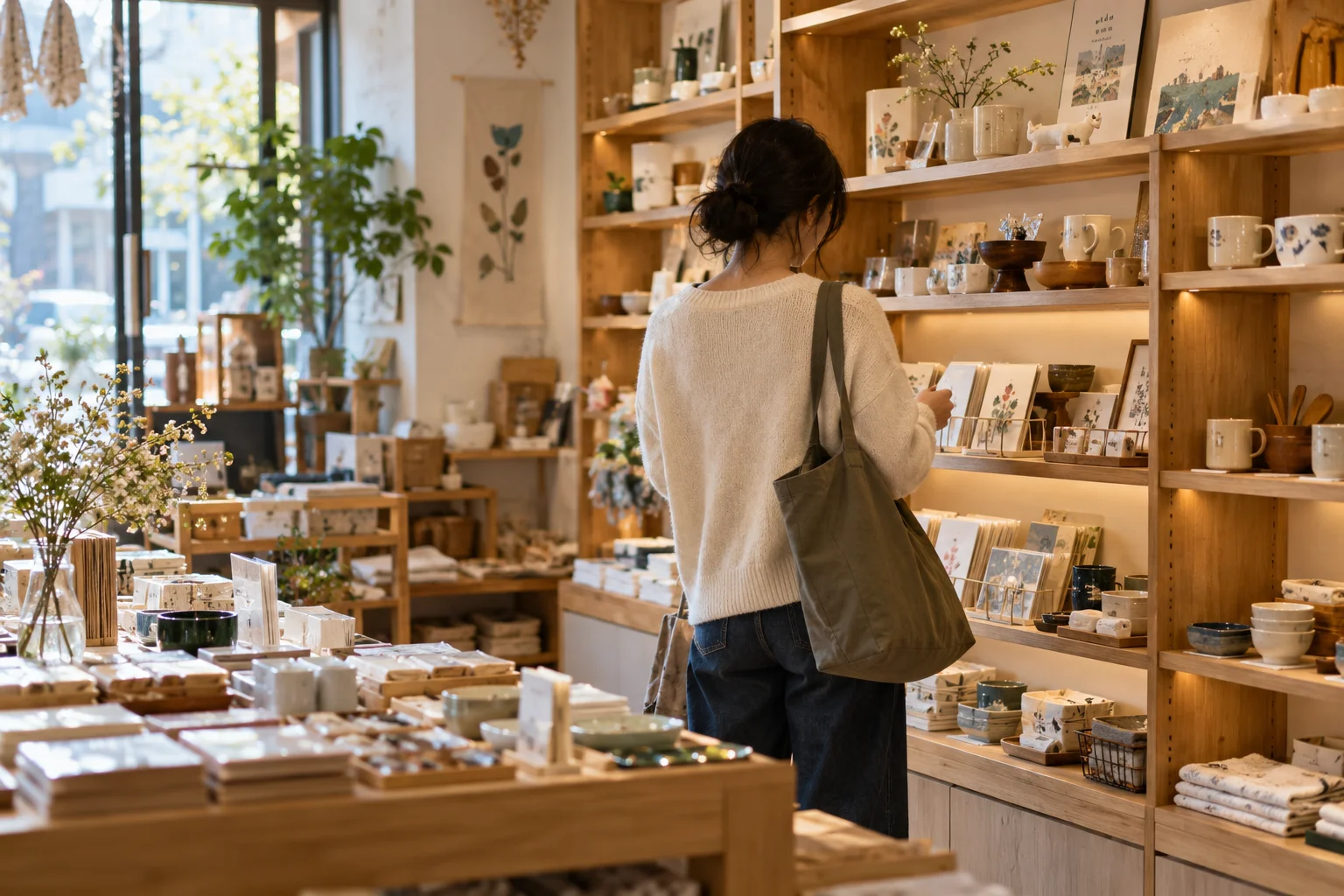 A visitor browsing shelves in a Korean shop.