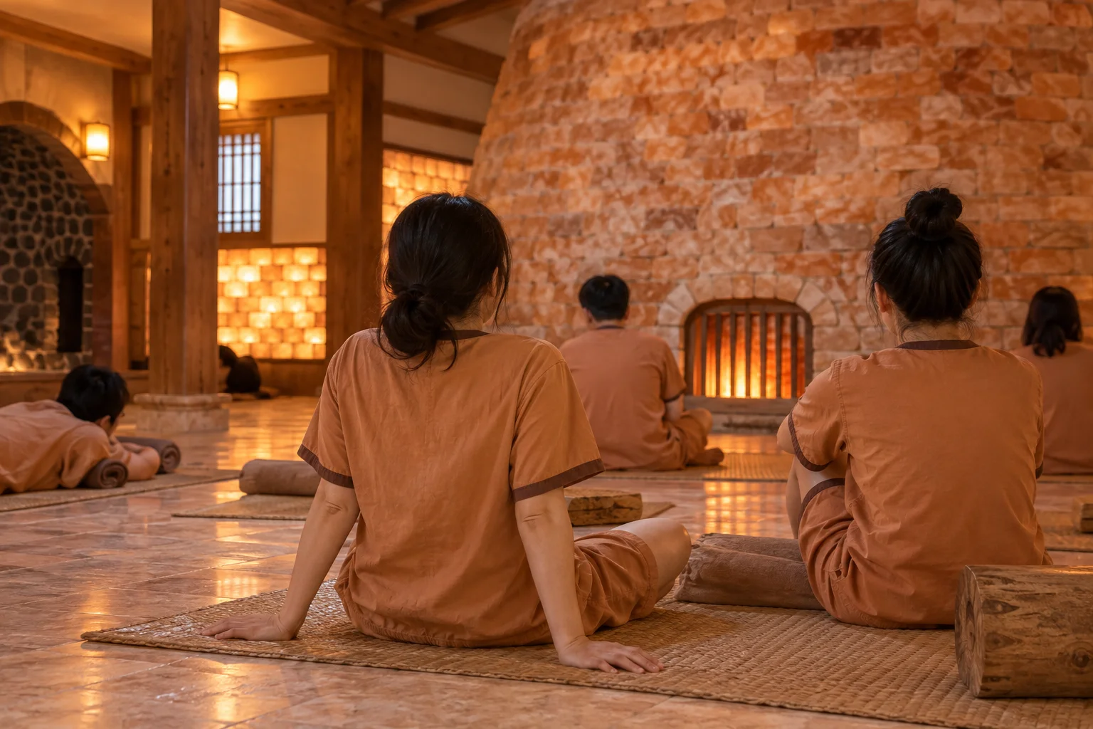 Fully clothed visitors resting in a shared jjimjilbang room.