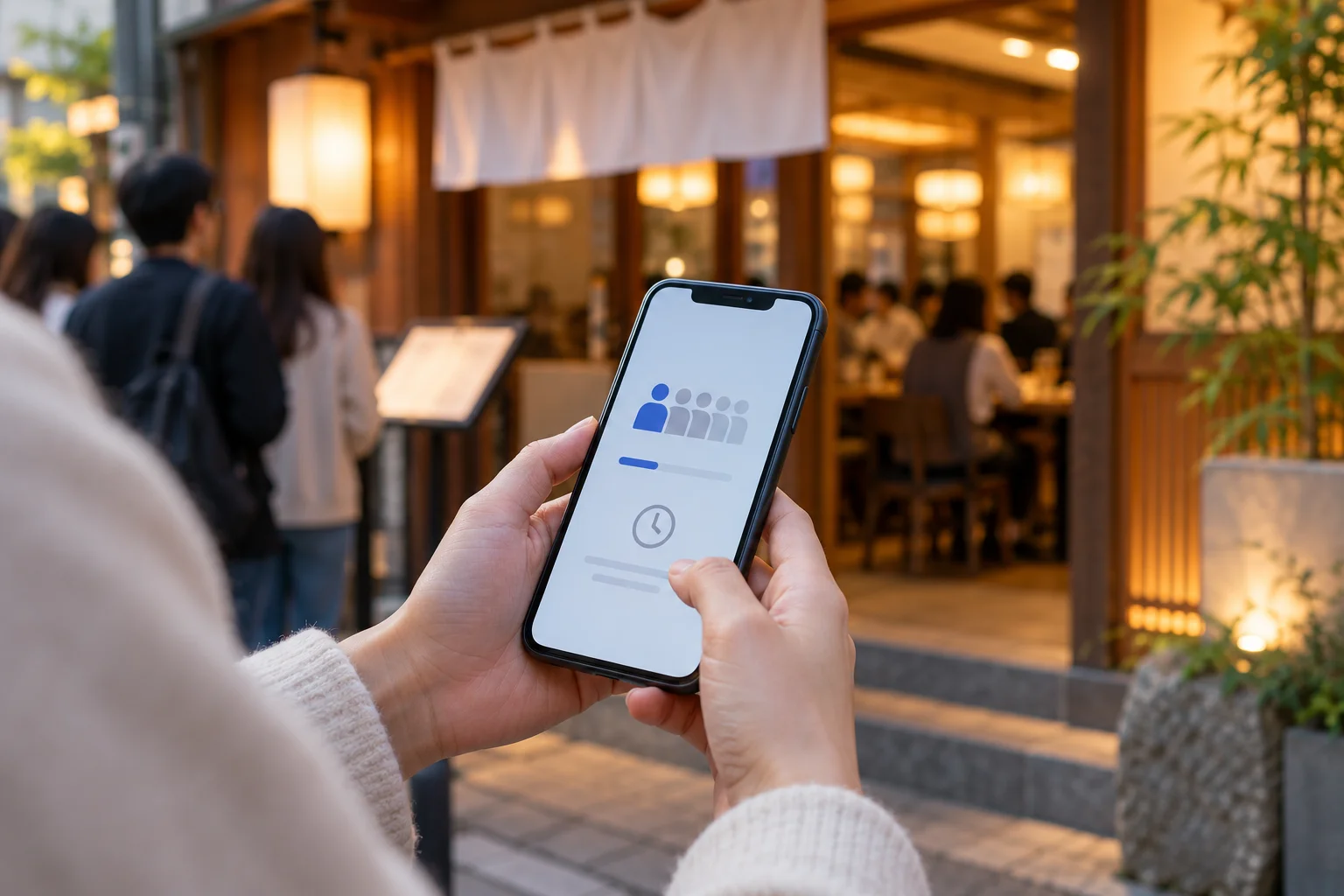 Hands checking a generic restaurant waitlist on a phone.