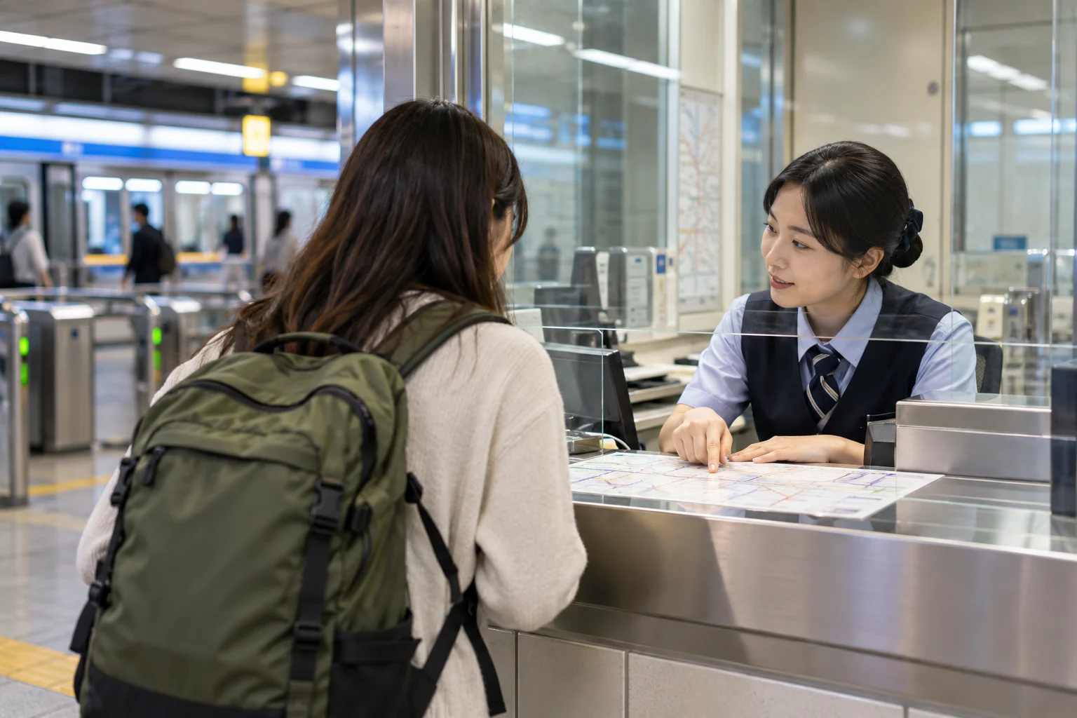 A traveler asking a station employee at a service counter.