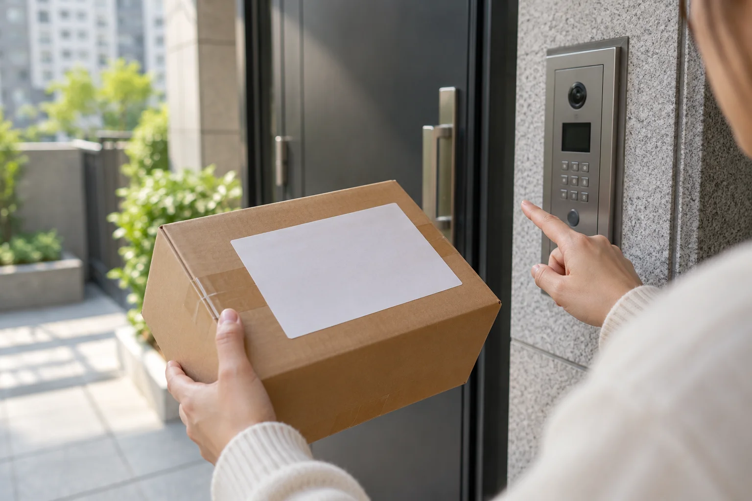 Hands checking a parcel label beside an apartment entrance.