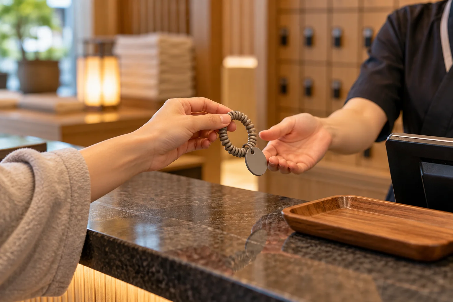 Hands returning a locker wristband at the reception counter.