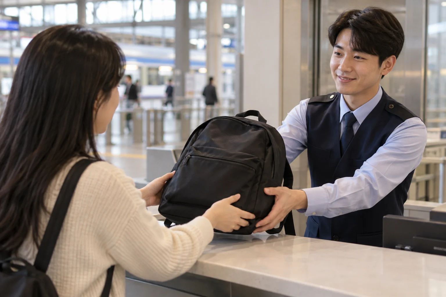 A station employee returning a backpack to its owner.