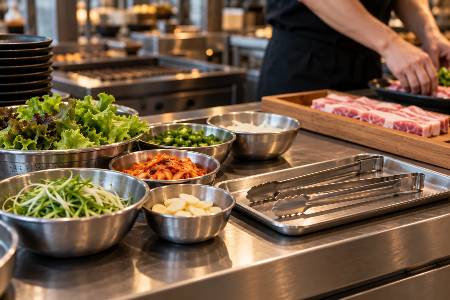 Separate kitchen tongs and bowls on a counter.