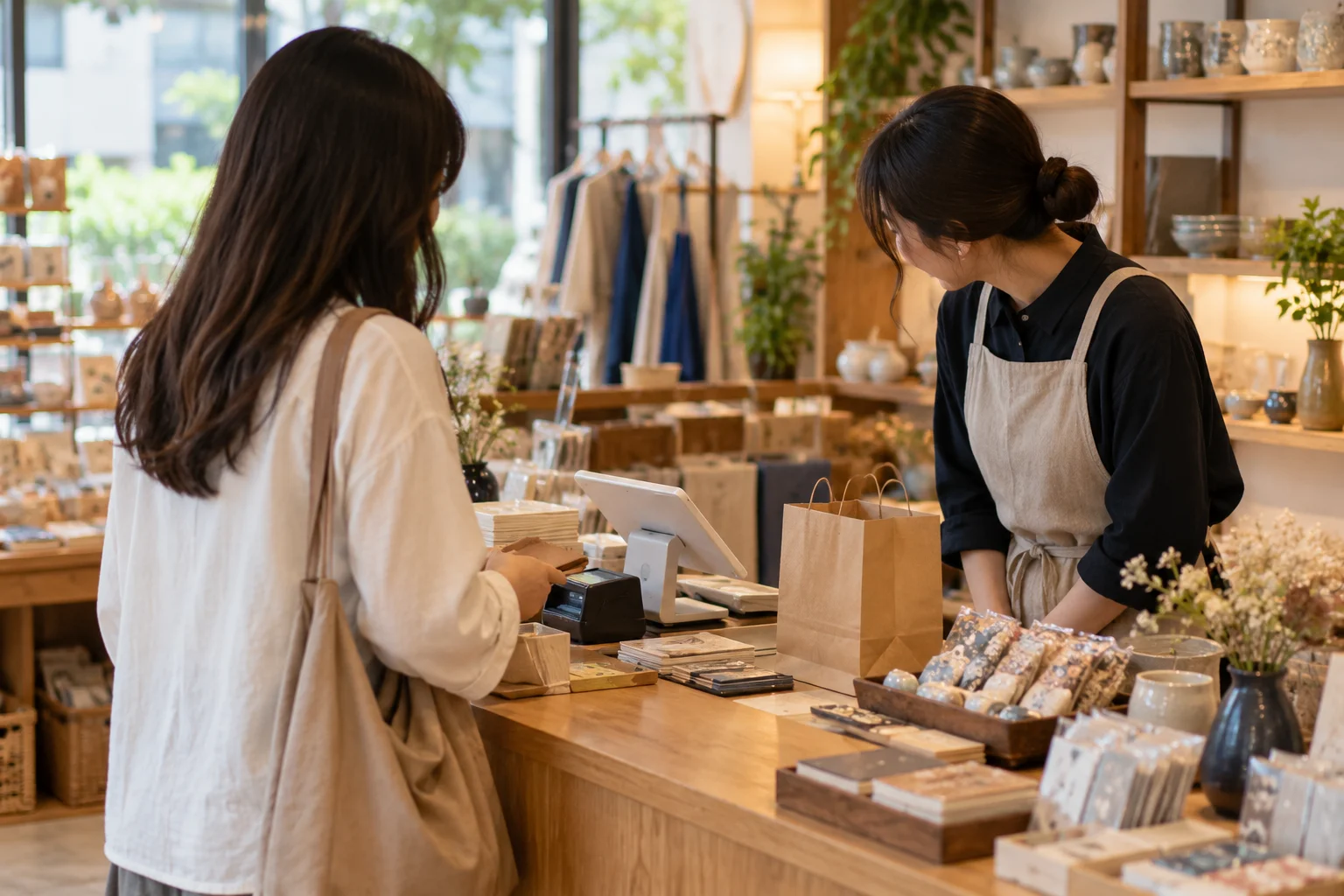 A customer and shop employee exchanging a polite nod at checkout.