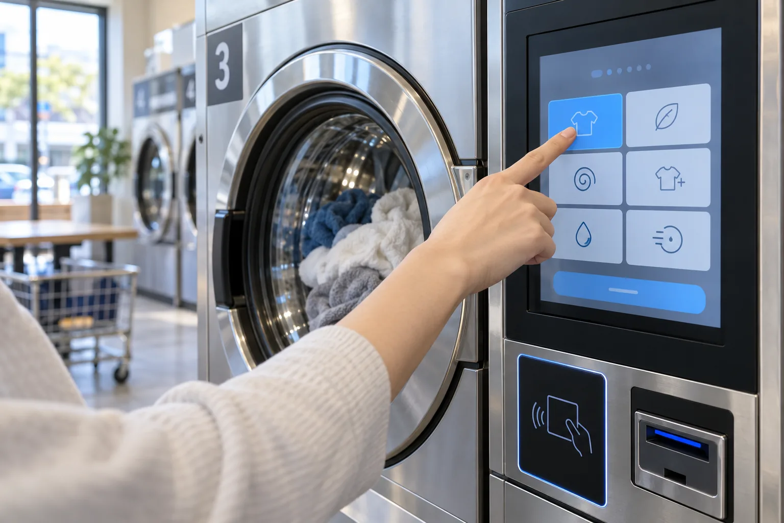 Hand selecting an option on an illustrative self-service laundry payment screen