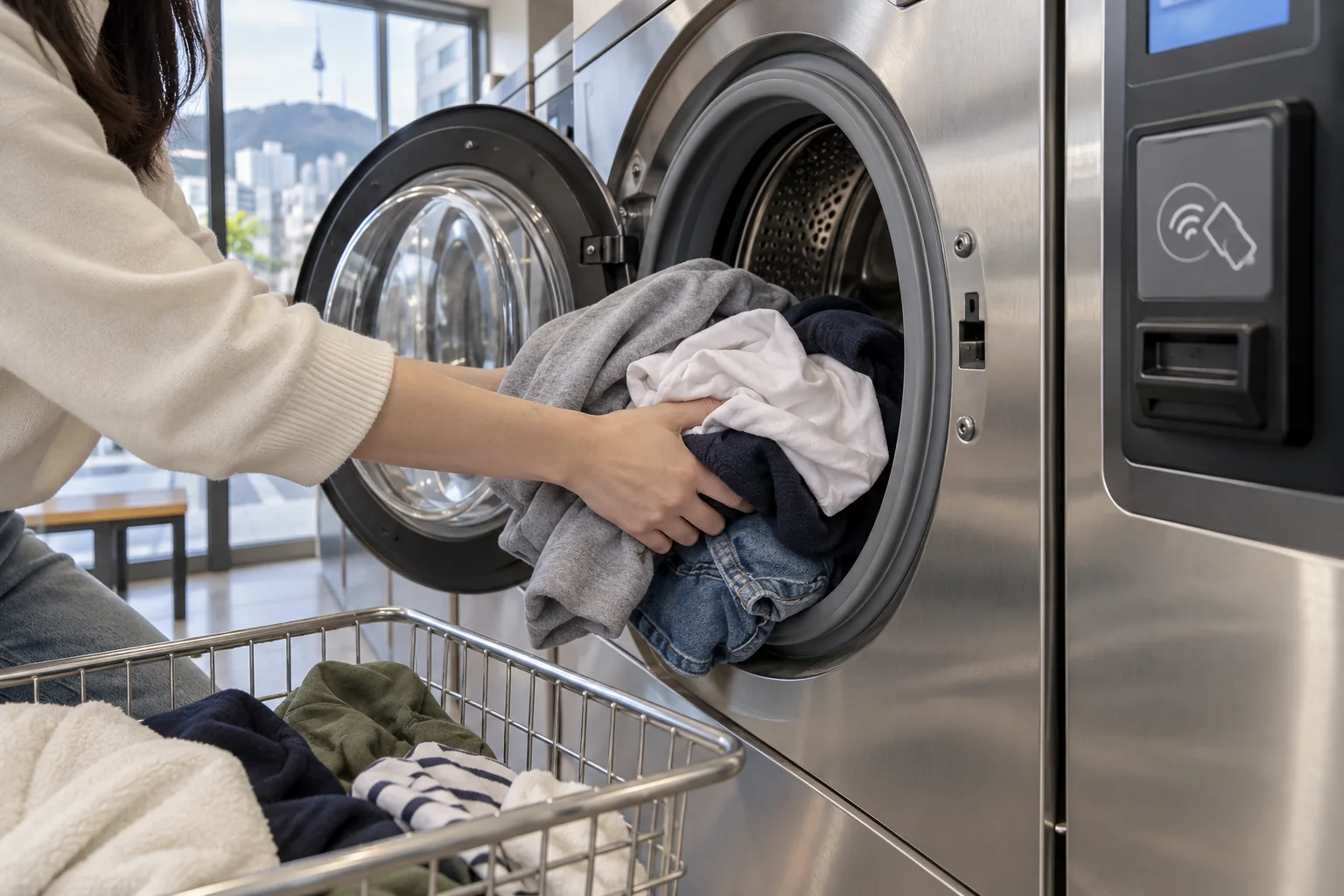 Hands loading clothes into a front-loading washer at a self-service laundry