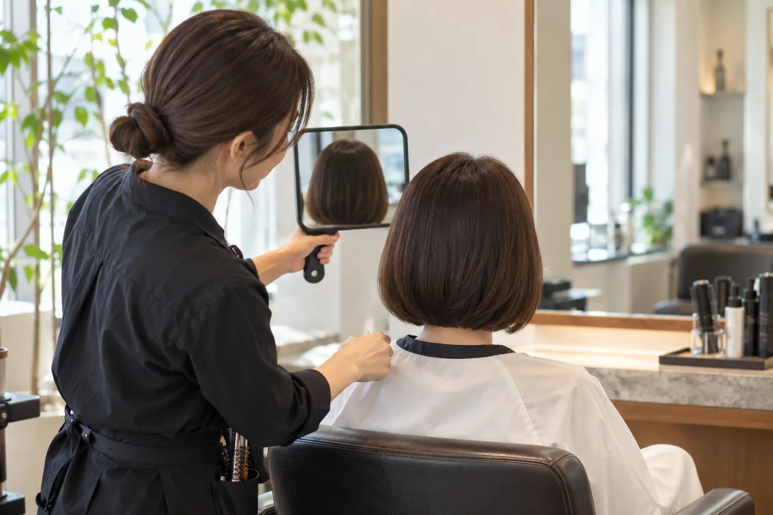 Stylist showing a client a finished haircut from behind in a salon mirror