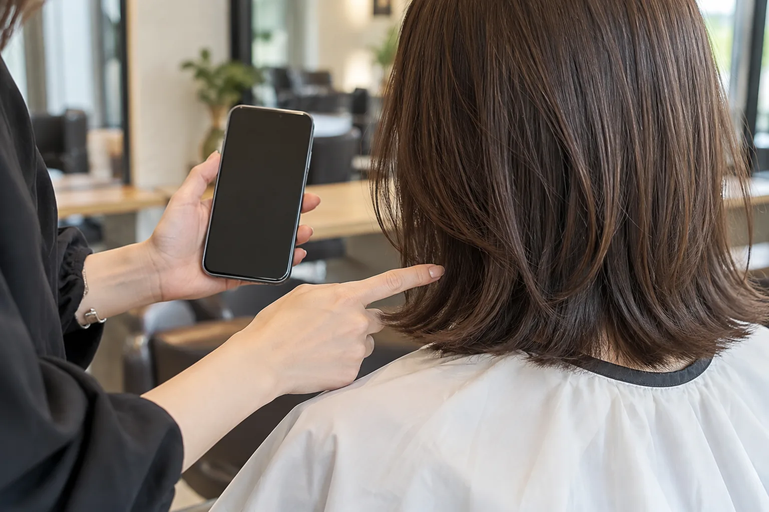 Client using a phone to discuss desired hair length with a stylist