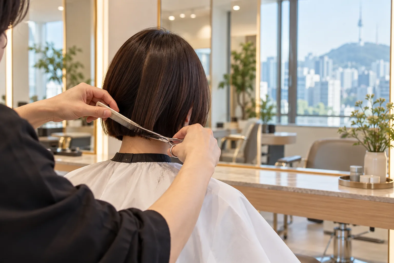 Stylist trimming a client's bob haircut in a bright salon