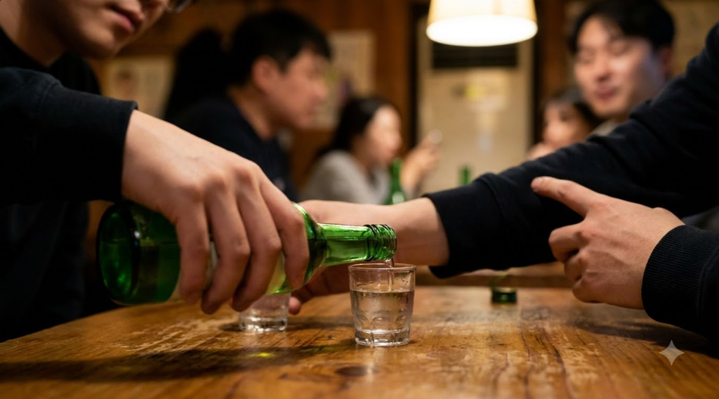 pouring soju with two hands in Korea