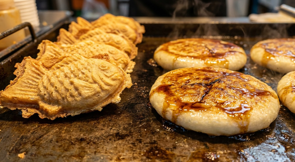 Korean street snacks bungeoppang and hotteok
