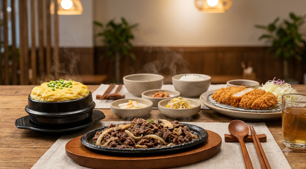 mild non-spicy Korean dishes bulgogi and steamed egg