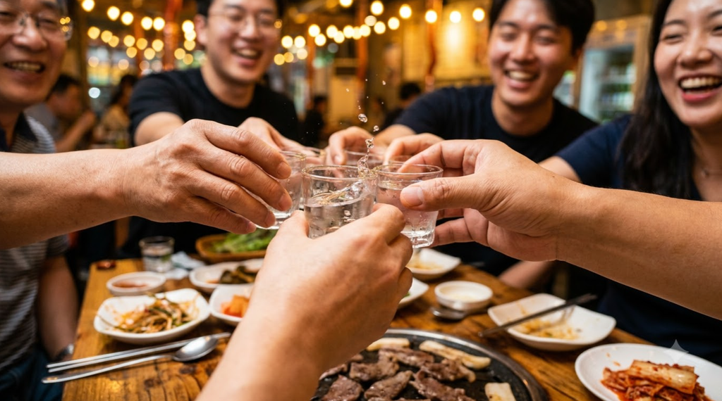 toasting with soju glasses in Korea