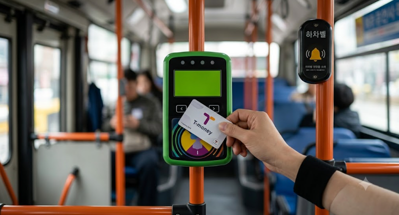  tapping a T-money card on a Seoul bus