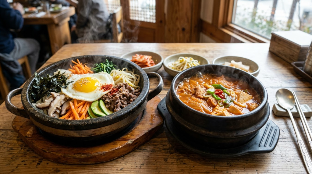 common Korean dishes bibimbap and kimchi stew
