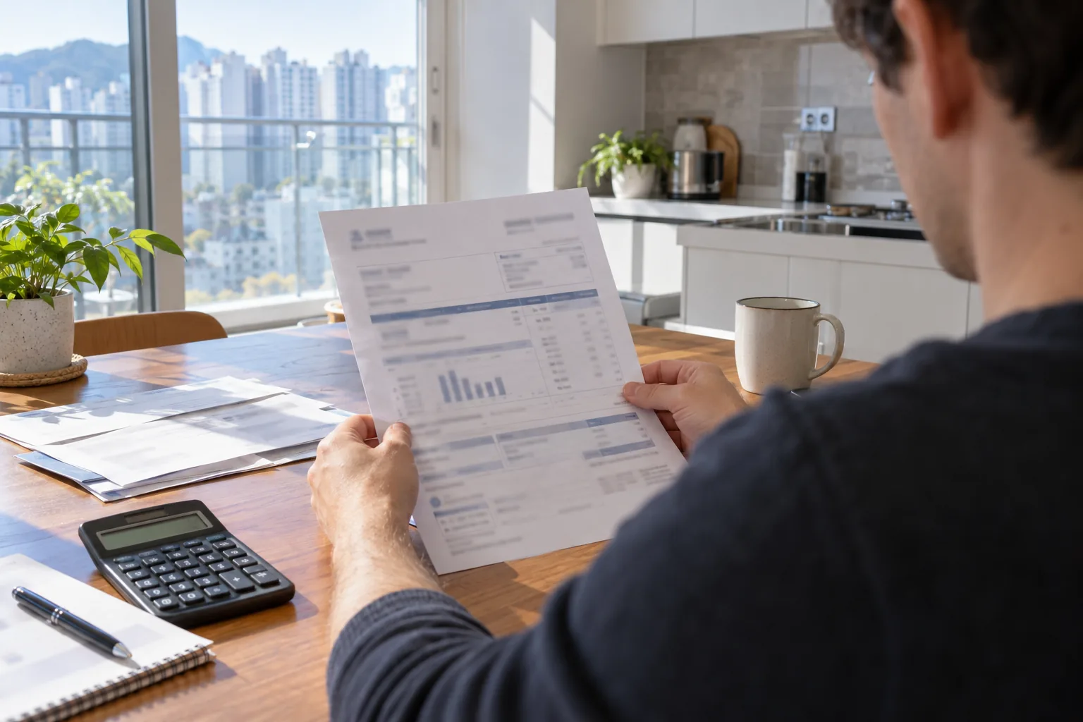 Resident reviewing a blurred apartment maintenance bill at a table