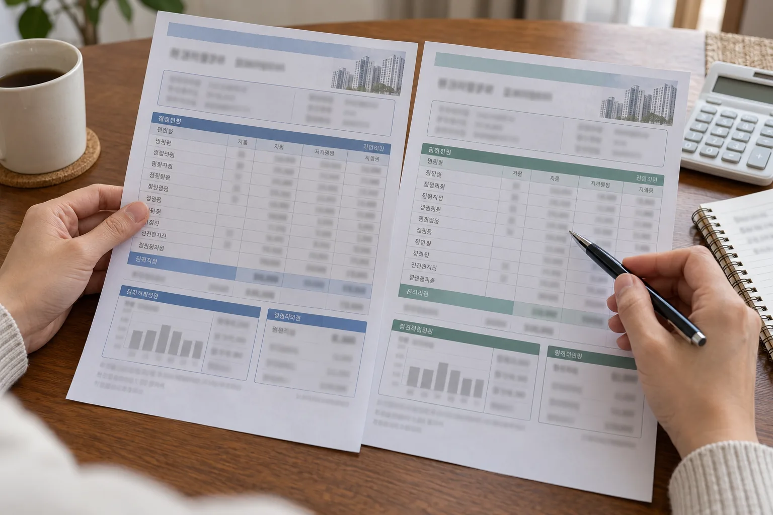 Hands comparing two blurred monthly apartment statements