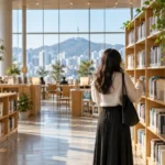 Illustration of bookshelves and a reading area in a Seoul public library