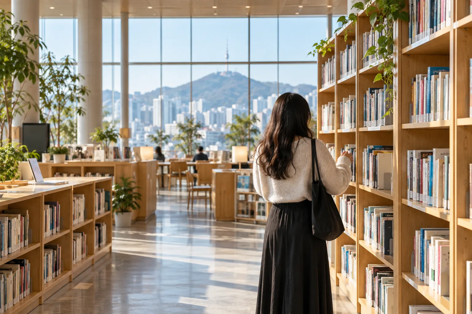 Illustration of bookshelves and a reading area in a Seoul public library