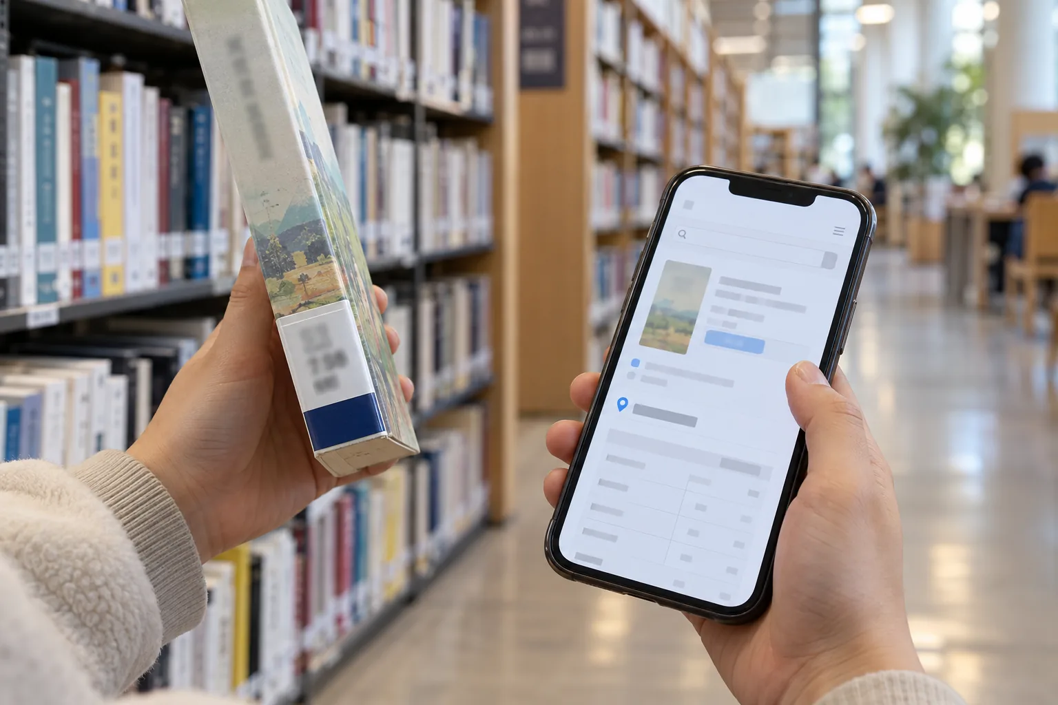 Illustration of a visitor searching a library catalog for a book