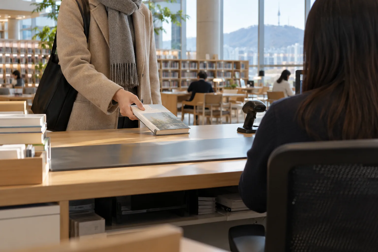 Illustration of returning a borrowed book at a library counter