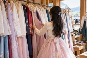 Traveler viewed from behind choosing hanbok from a tidy rental shop clothing rack