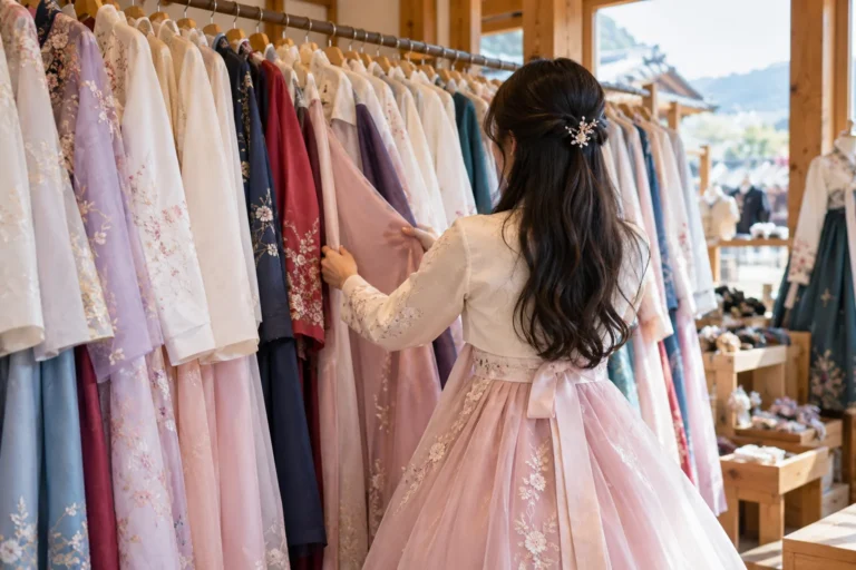 Traveler viewed from behind choosing hanbok from a tidy rental shop clothing rack