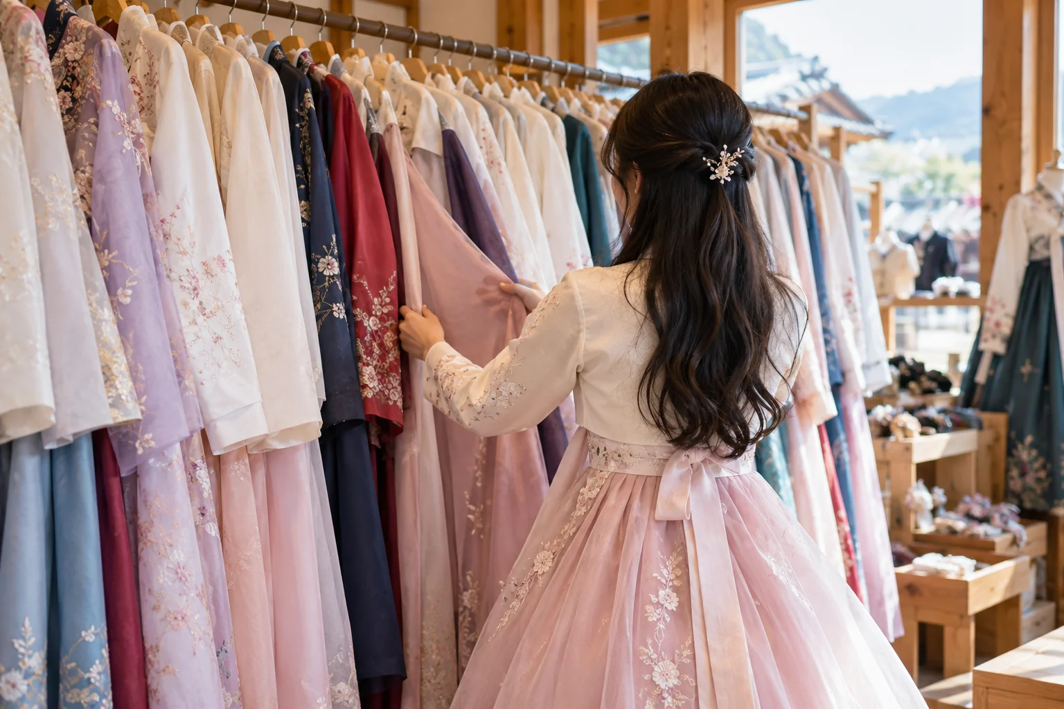 Traveler viewed from behind choosing hanbok from a tidy rental shop clothing rack