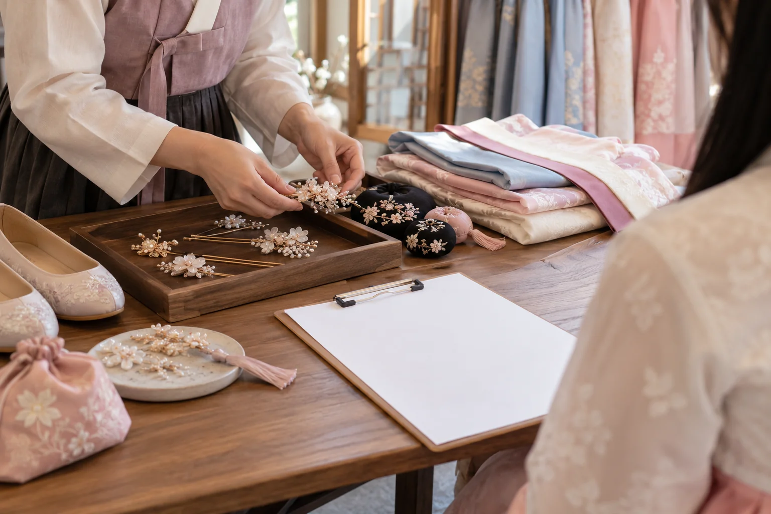 Staff hands arranging hanbok accessories beside a plain rental checklist