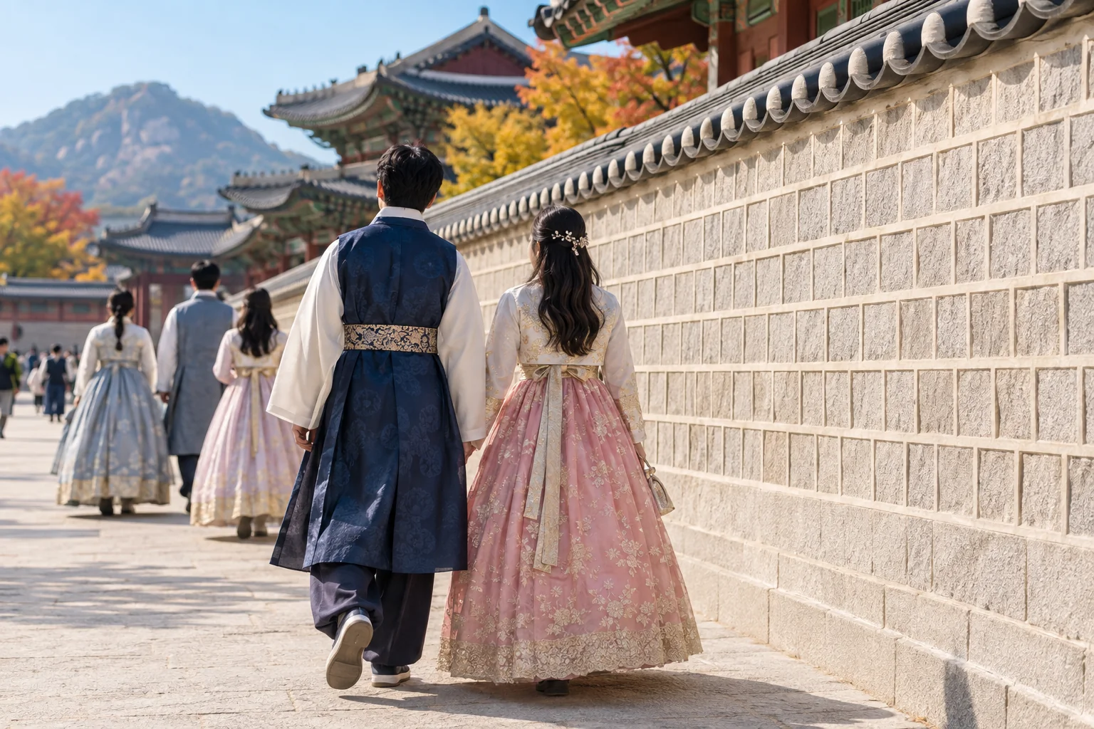 Fully clothed adult visitors in hanbok walking beside a Seoul palace stone wall, viewed from behind