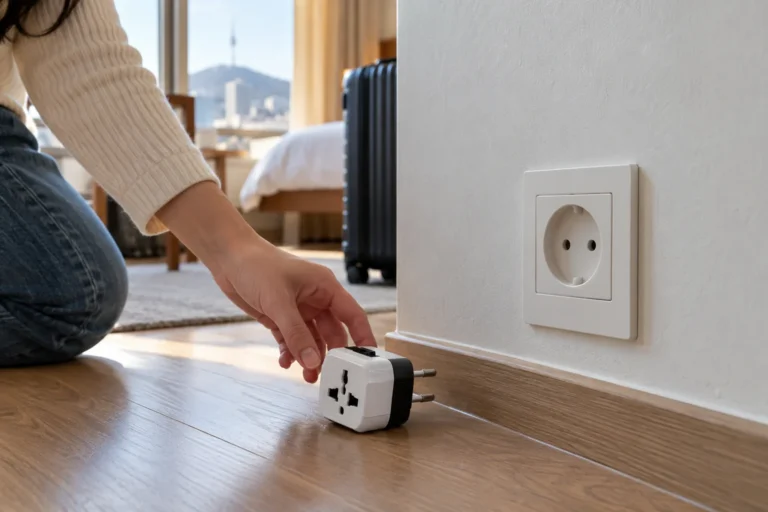 An unplugged travel adapter beside a recessed Korean wall socket with two round holes