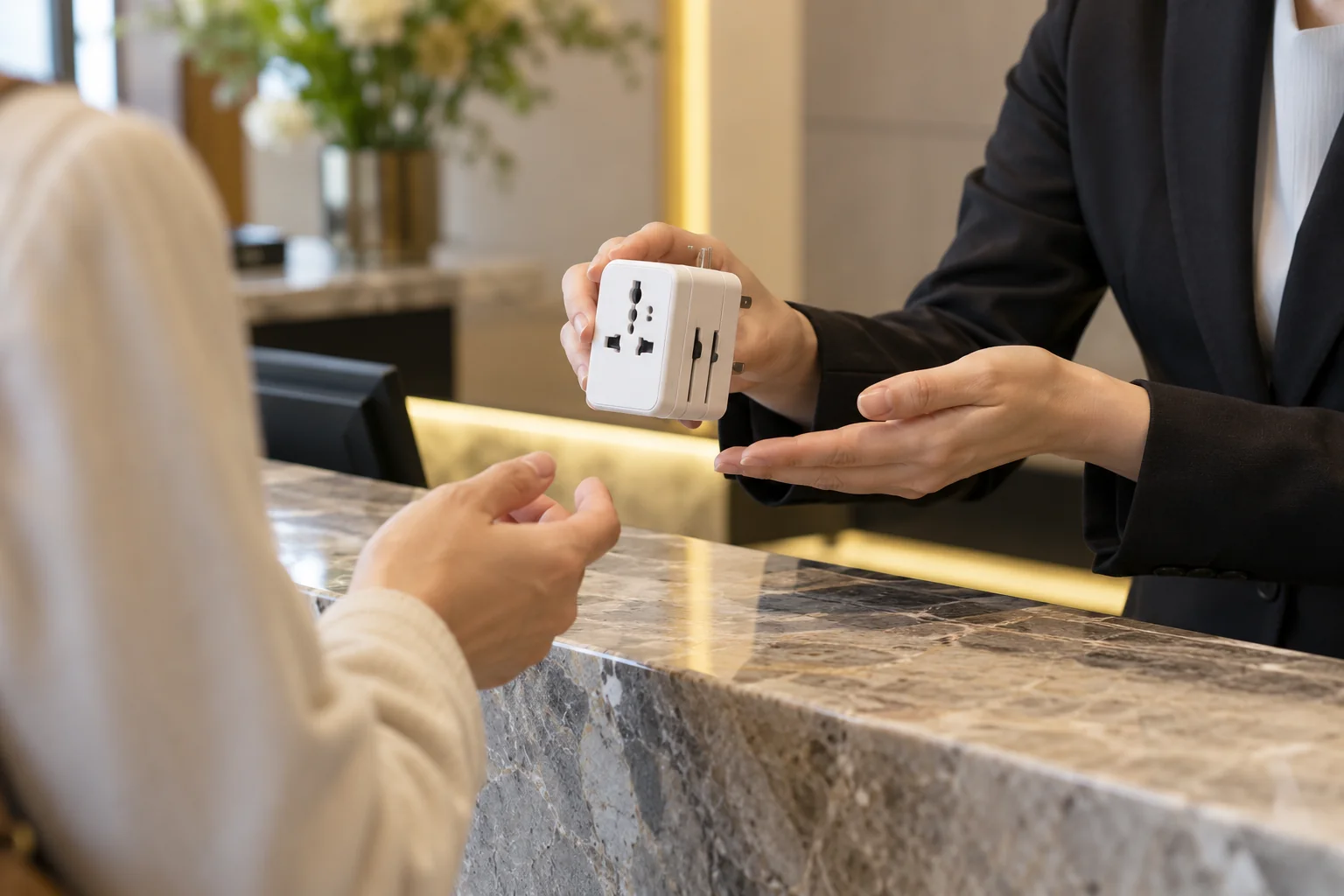Hotel reception employee presenting a travel adapter to a guest, hands only