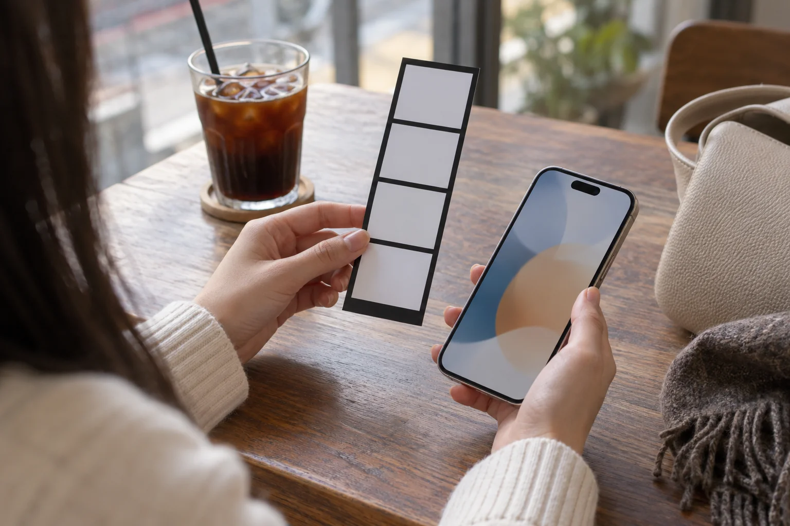 Hands holding a blank-style four-frame photo strip beside a phone with an abstract screen