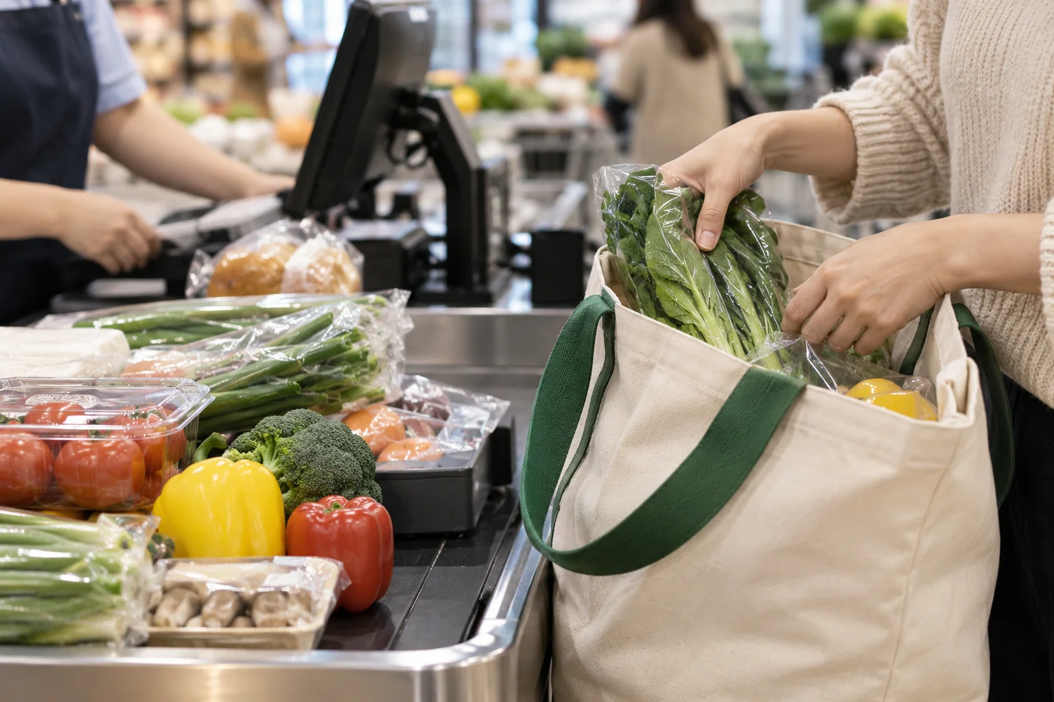 A shopper packing groceries into a reusable bag at a supermarket checkout, hands only