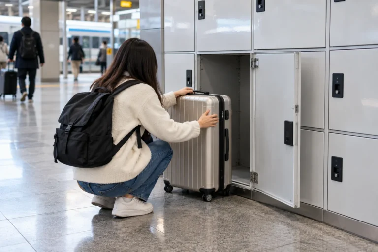 A traveler checking suitcase size beside station storage lockers without readable branding